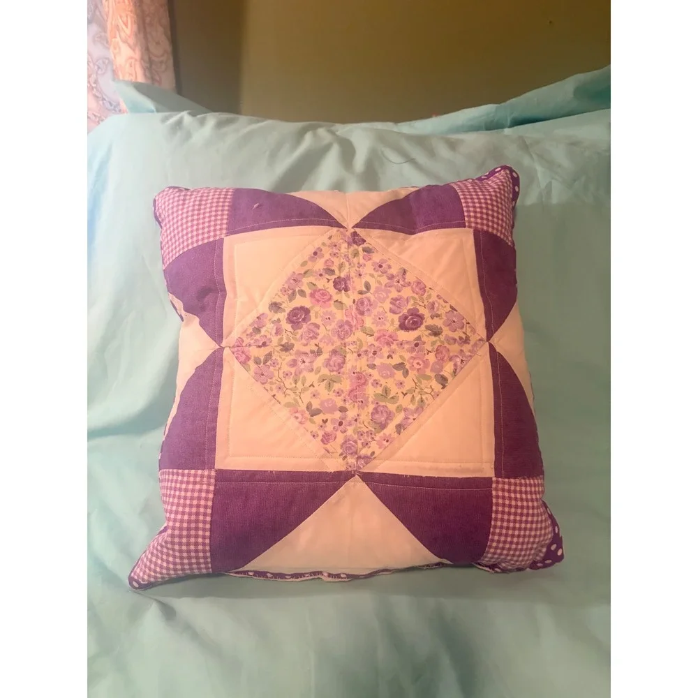 Handmade Quilted Throw Pillow Purple Floral Gingham Patchwork Cottagecore Square